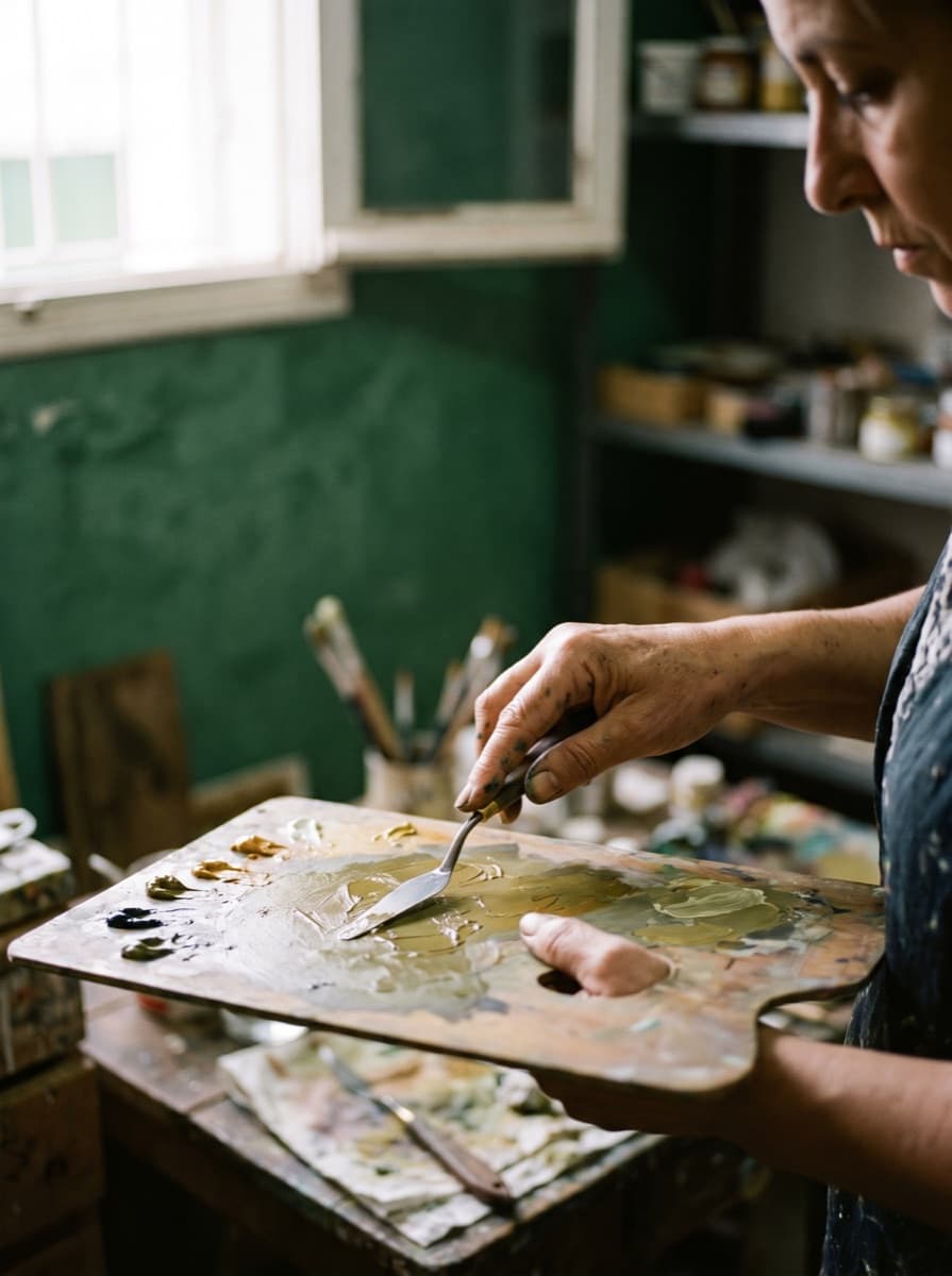 Mains mélangeant la peinture à l'huile sur une palette, lumière du jour